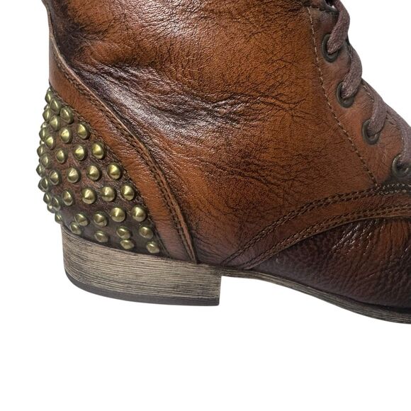 Steve Madden Combat Boots Women 9.5 Brown Leather Studs Spike Tarnney Biker Boot - Picture 14 of 16